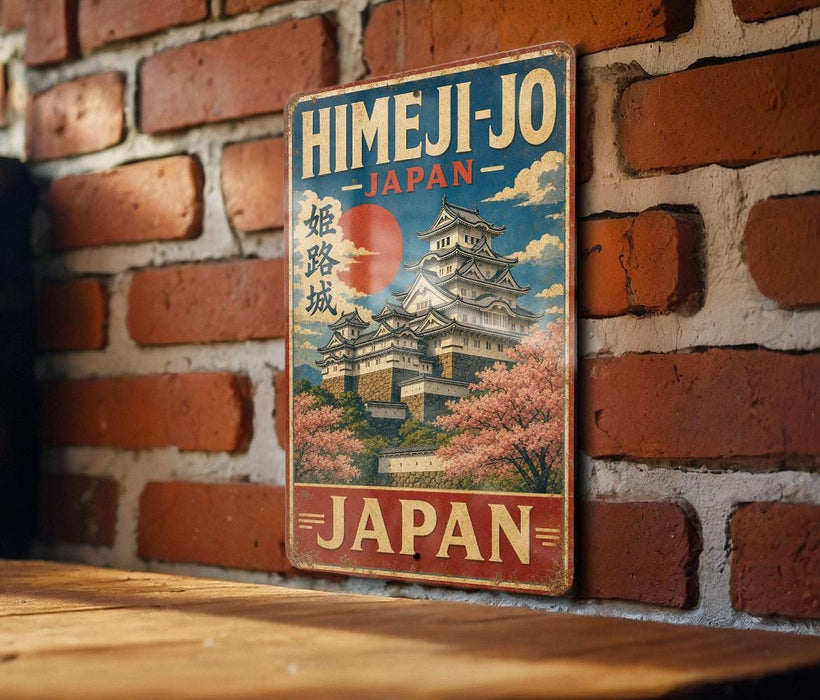 A vintage-style metal sign with the text "HIMEJI-JO JAPAN" and an illustration of a Japanese castle or pagoda surrounded by cherry blossom trees.