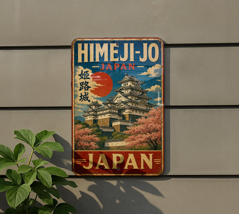 A vintage-style metal sign with a picture of a Japanese castle, surrounded by cherry blossoms, is mounted on a wall.
