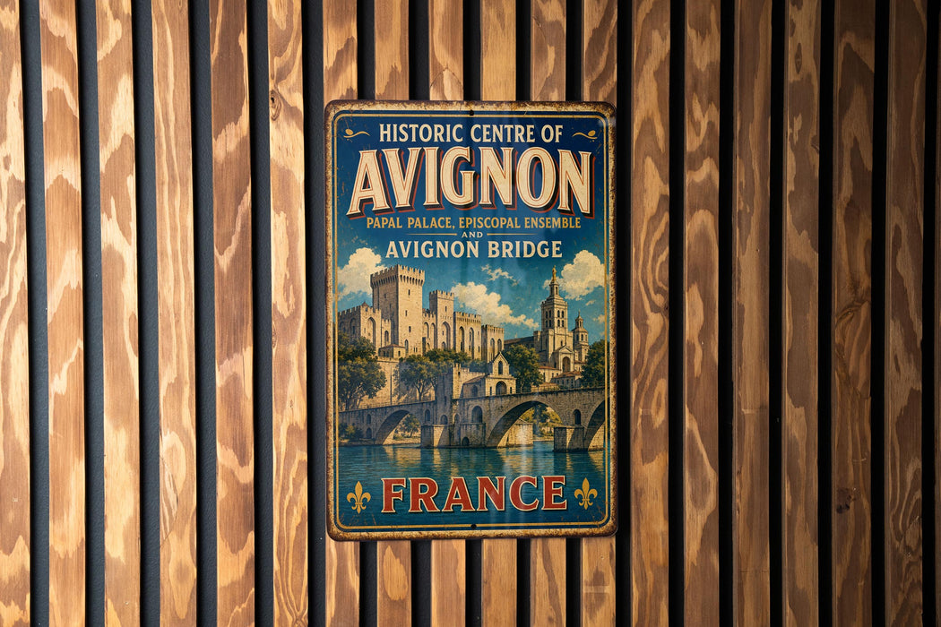 A vintage metal sign for the Avignon Bridge in France, featuring an illustration of the bridge and surrounding architecture.