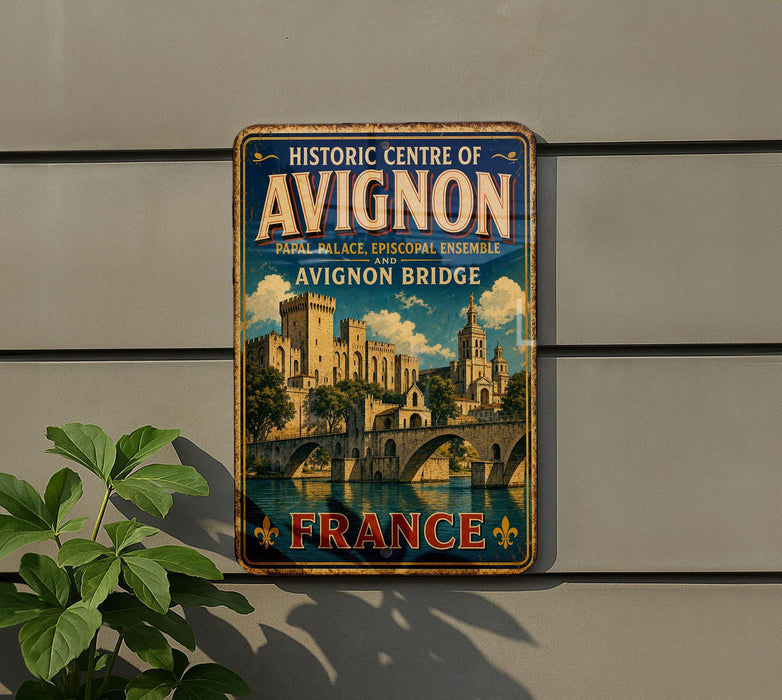 a vintage-style metal sign with a castle and bridge in the background, mounted on a wall.