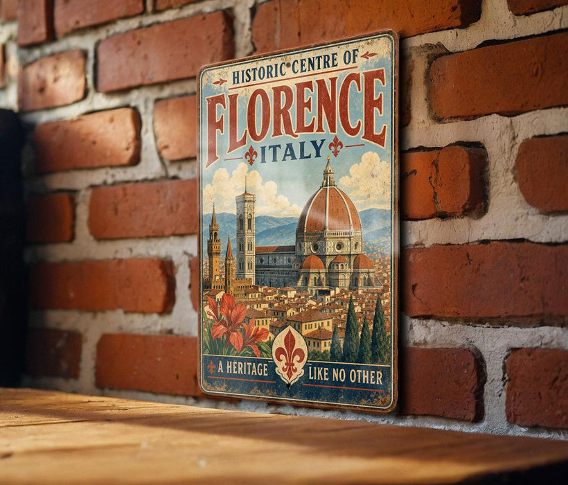A vintage-style metal sign with the text "HISTORIC CENTRE OF FLORENCE ITALY" and an illustration of the Florence Cathedral, which is a historic center of Florence, Italy.