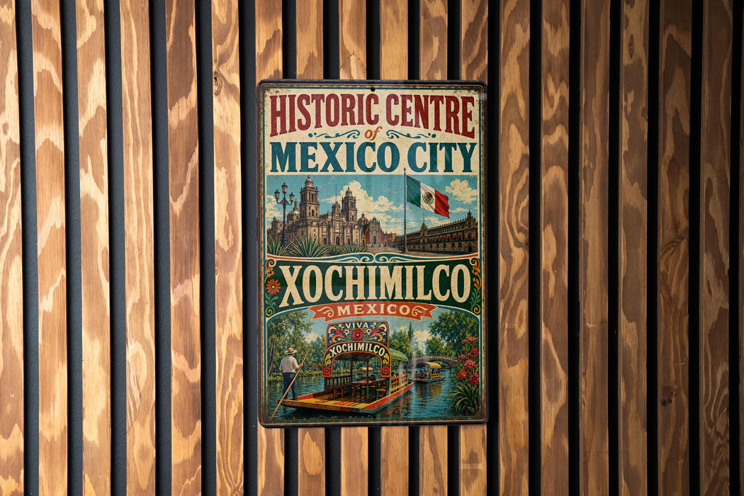 A vintage-style poster advertising the Historic Centre of Mexico City, featuring a boat tour and a cityscape.