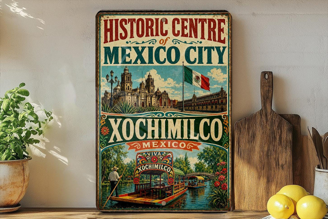 A vintage-style sign for the Historic Centre of Mexico City, featuring illustrations of the city's landmarks and a boat on the water.