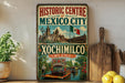 A vintage-style sign for the Historic Centre of Mexico City, featuring illustrations of the city's landmarks and a boat on the water.