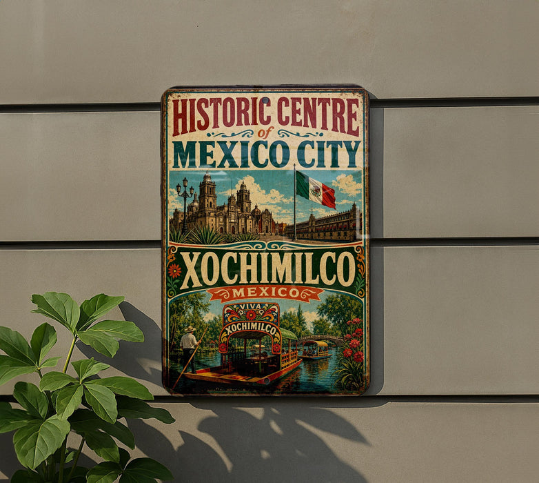 A vintage-style sign for the Historic Centre of Mexico City, featuring colorful illustrations of landmarks and a boat on the water.