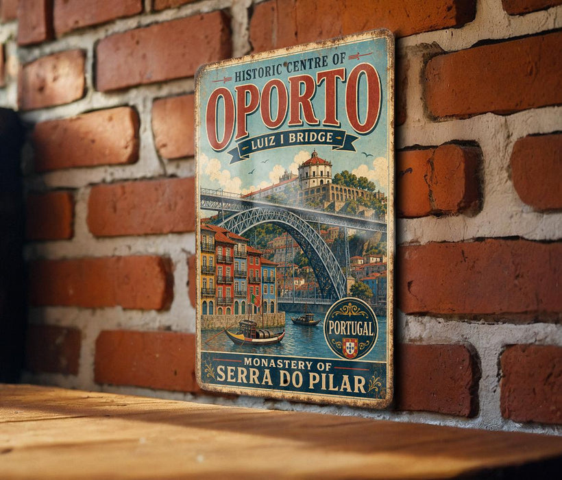 A vintage-style metal sign for the Historic Centre of Oporto, Luiz I Bridge, with a brick wall in the background.