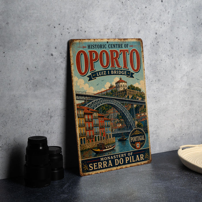 A vintage-style metal sign for the Historic Centre of Porto, Portugal, featuring an illustration of the Quijz Bridge and surrounding buildings.
