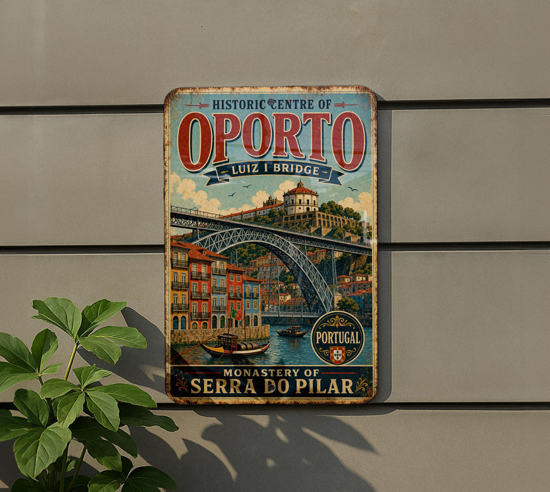 A vintage-style metal sign for the Historic Centre of Oporto, featuring an illustration of the Luiz I Bridge and the Monastery of Serra do Pilar.