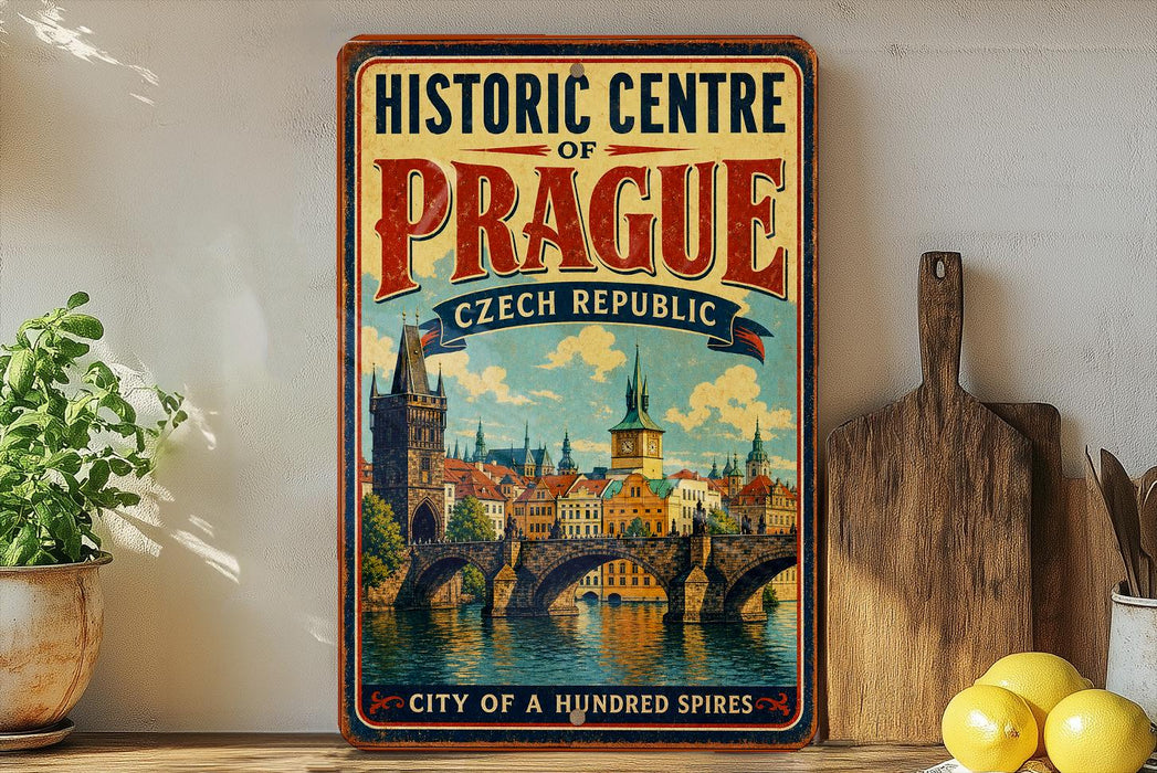 a vintage-style poster of the historic centre of Prague, Czech Republic, with a cityscape and a bridge in the background.