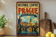 a vintage-style poster of the historic centre of Prague, Czech Republic, with a cityscape and a bridge in the background.