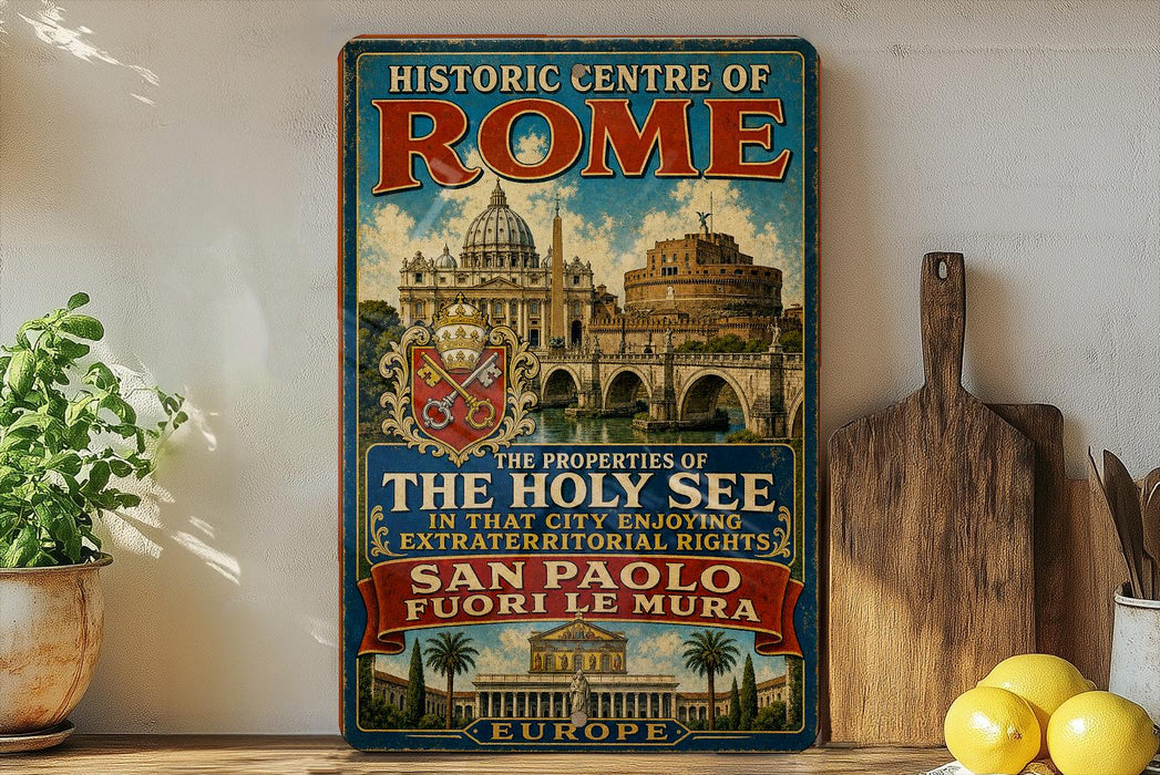 a vintage-style sign for the Historic Centre of Rome, Italy, with a collage of images depicting the city's landmarks and architecture.