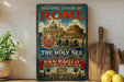 a vintage-style sign for the Historic Centre of Rome, Italy, with a collage of images depicting the city's landmarks and architecture.