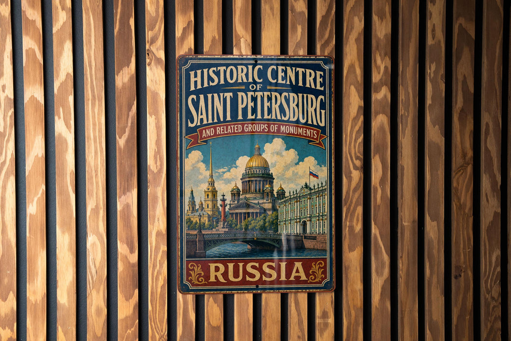 A vintage-style metal sign for the Historic Centre of Saint Petersburg, Russia, featuring an illustration of the city's landmarks and a prominent "RUSSIA" text.