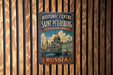 A vintage-style metal sign for the Historic Centre of Saint Petersburg, Russia, featuring an illustration of the city's landmarks and a prominent "RUSSIA" text.