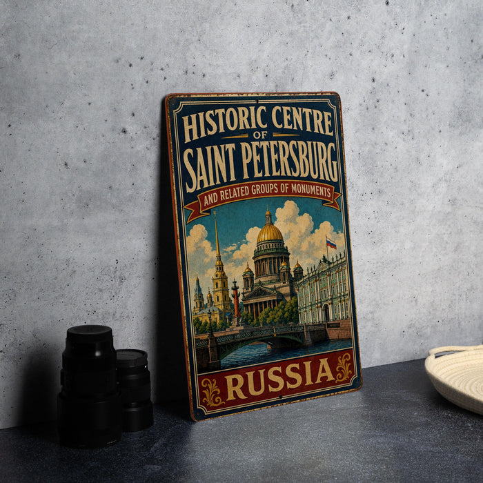 A vintage-style metal sign for the Historic Centre of Saint Petersburg, Russia, featuring an illustration of the city's landmarks and a banner that reads "Historic Centre of Saint Petersburg AND related groups of monuments RUSSIA".