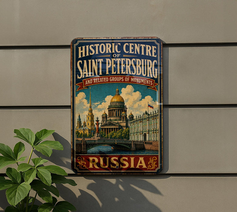A vintage-style metal sign for the Historic Centre of Saint Petersburg, Russia, featuring an illustration of the city's landmarks and a Russian flag.