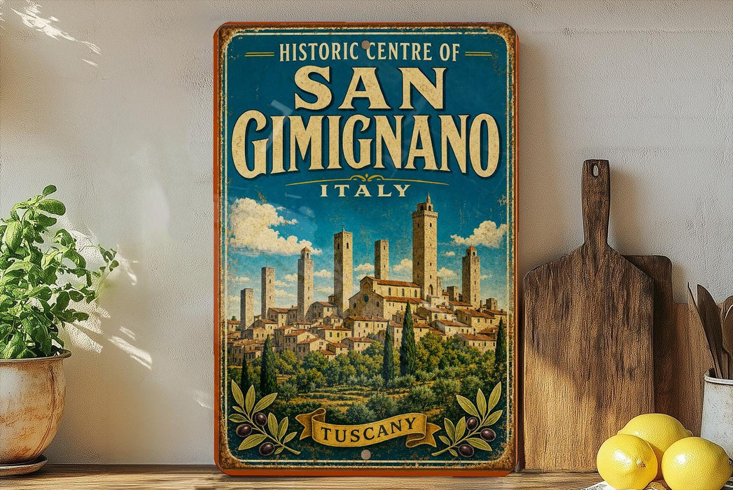 A vintage-style metal sign for the Historic Centre of San Gimignano, Italy, featuring a painting of the city's skyline.