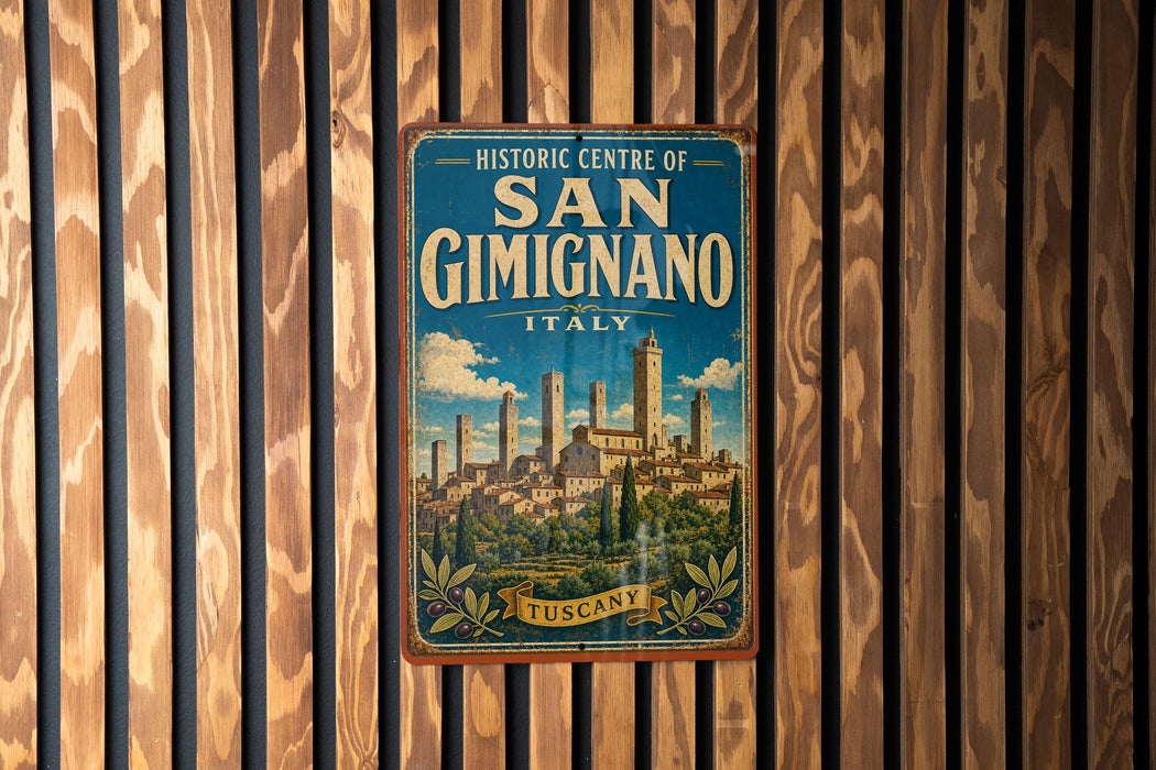 A vintage-style metal sign with the text "HISTORIC CENTRE OF SAN GIMIGNANO ITALY" and an illustration of a cityscape, hanging on a wooden wall.