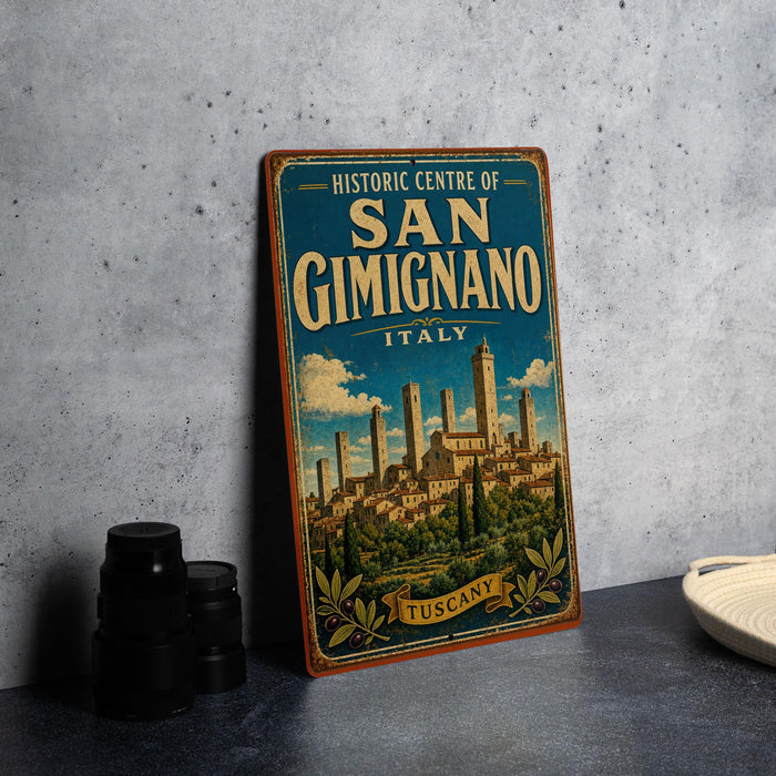 A vintage-style metal sign for the Historic Centre of San Gignano, Italy, featuring an illustration of the city's landmarks and surrounded by greenery.