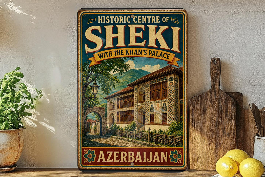 a vintage-style poster advertising the Historic Centre of Sheki with the Khan's Palace in Azerbaijan.
