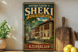 a vintage-style poster advertising the Historic Centre of Sheki with the Khan's Palace in Azerbaijan.