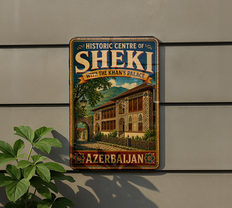 a vintage-style sign for the Historic Centre of Sheki, with a picture of a palace and the text "Azerbaijan" below it.