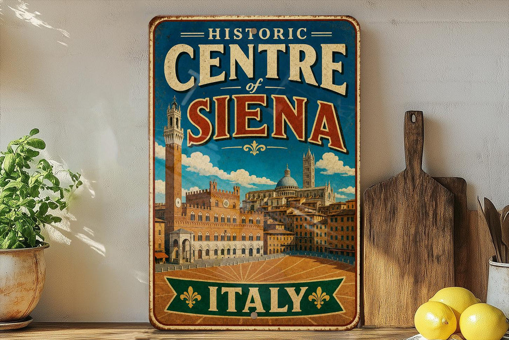 A vintage-style metal sign for the Historic Centre of Siena, Italy, featuring an illustration of the city's landmarks and architecture.