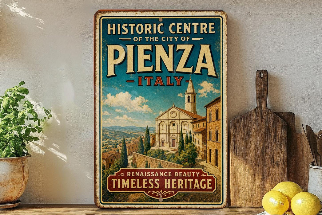 A vintage-style sign for the Historic Centre of the City of Pienza, Italy, featuring an illustration of a historic building and landscape.