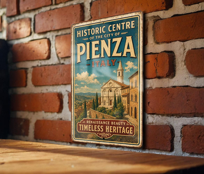 A vintage-style metal sign for the Historic Centre of Pienza, Italy, featuring an illustration of a historic building and the text "RENAISSANCE BEAUTY TIMELESS HERITAGE".