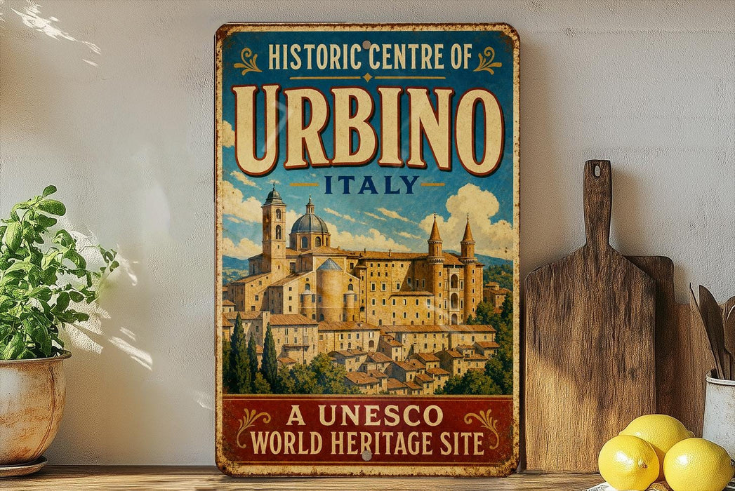 A vintage-style metal sign for the Historic Centre of Urbino, Italy, featuring an illustration of the historic city of Urbino.