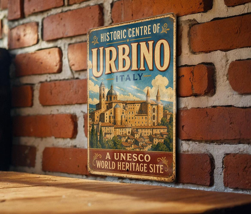 A vintage-style metal sign for the Historic Centre of Urbino, Italy, featuring an illustration of the historic center and the text "A UNESCO World Heritage Site".