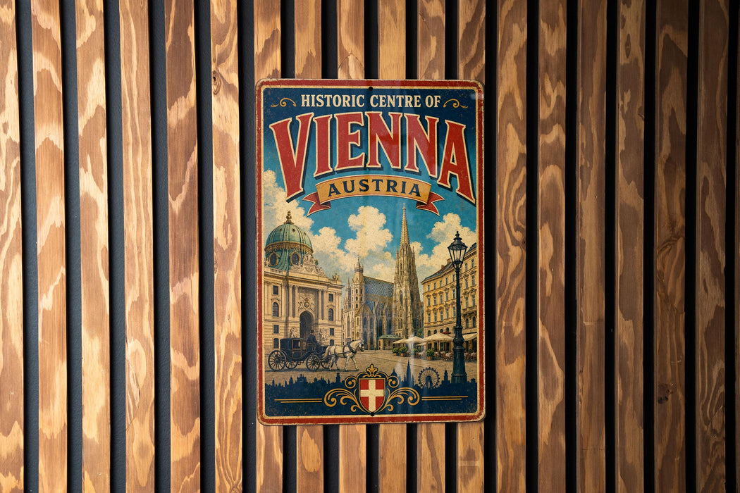 A vintage-style poster of Vienna, Austria, featuring the city's iconic architecture and landmarks, is displayed on a wooden wall.