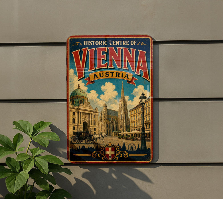 A vintage-style sign for the Historic Centre of Vienna, Austria, featuring an illustration of the city's landmarks and architecture.
