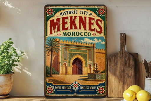 a vintage-style poster of the historic city of Meknes, Morocco, with a detailed illustration of the city's architecture and a palm tree. The poster is displayed on a wall, surrounded by various kitchen utensils and a potted plant.