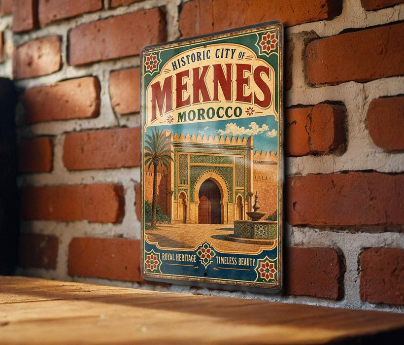 A vintage-style metal sign for the historic city of Meknes, Morocco, featuring an illustration of a palace or palace-like structure with palm trees and other traditional Moroccan architecture.