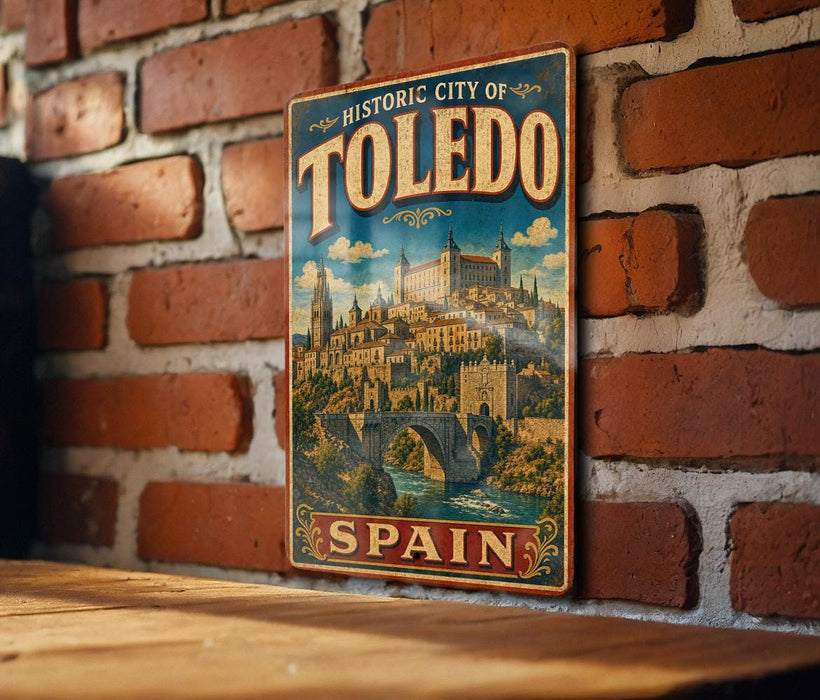 A vintage metal sign displaying the text "Historic City of Toledo" and "Spanish City" is mounted on a brick wall.