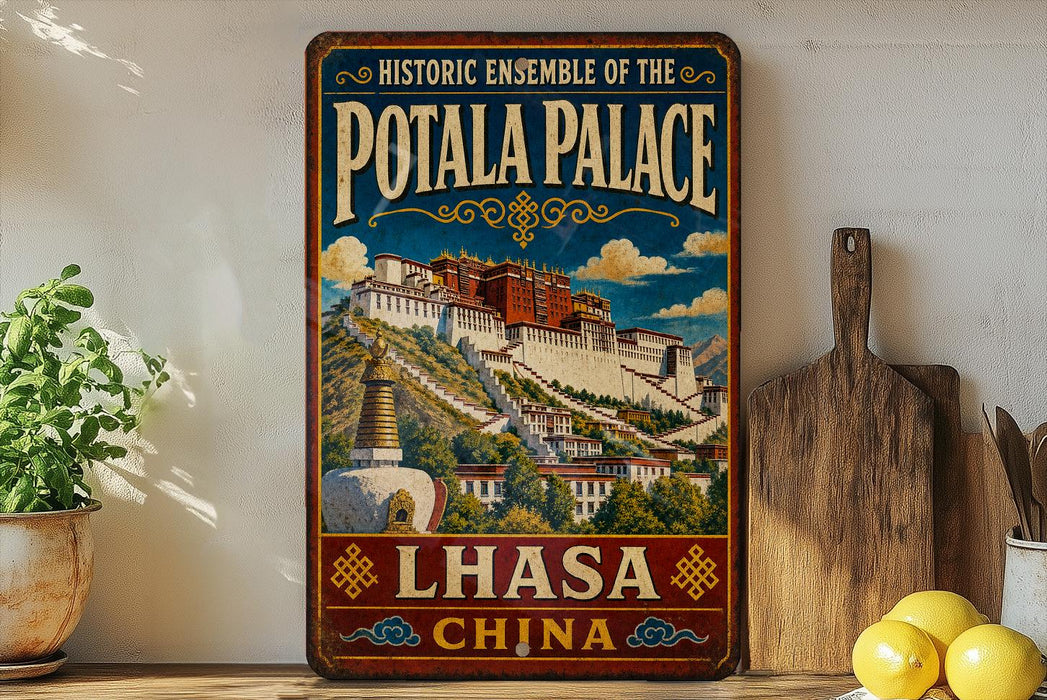 A vintage-style metal sign with a colorful illustration of the Potala Palace in Lhasa, Tibet, and the text "Historic Ensemble of the Potala Palace" and "Lhasa China".