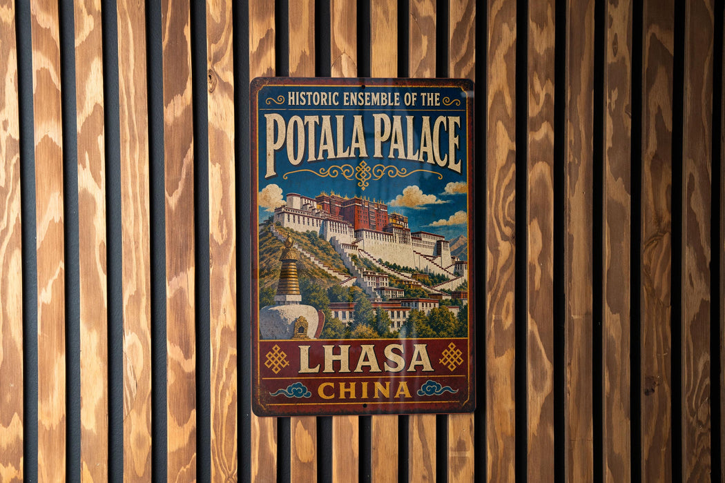 A vintage-style metal sign for the Potala Palace in Lhasa, China, featuring an illustration of the palace and its surroundings.