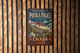 A vintage-style metal sign for the Potala Palace in Lhasa, China, featuring an illustration of the palace and its surroundings.