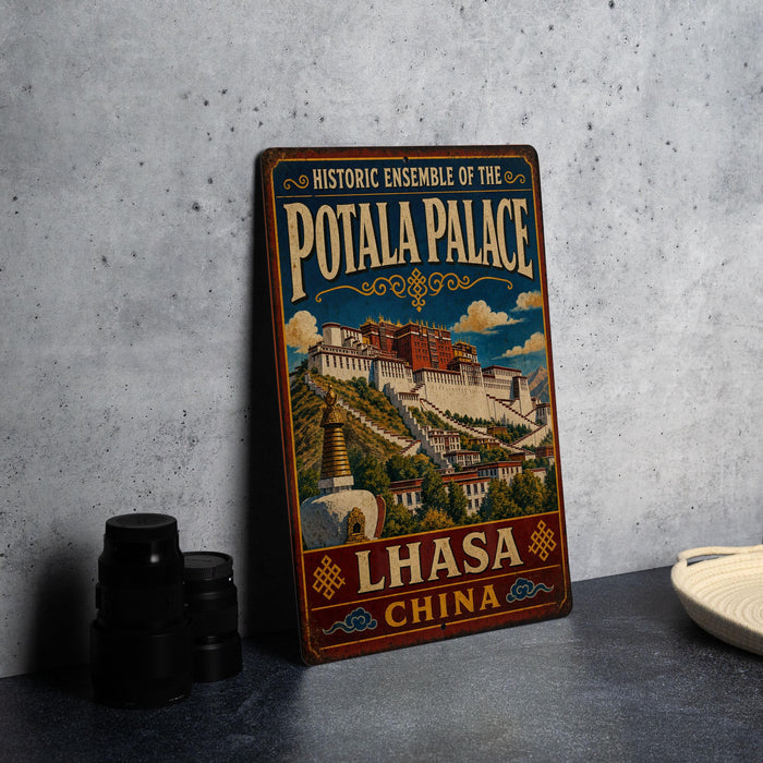 A vintage-style metal sign for the historic ensemble of the Potala Palace in Lhasa, Tibet, with a colorful illustration of the palace and surrounding landscape.