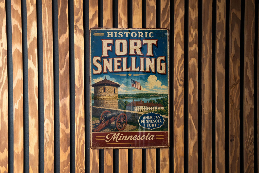 A vintage-style metal sign for the historic Fort Snelling in Minnesota, featuring an illustration of a fort and a cannon.