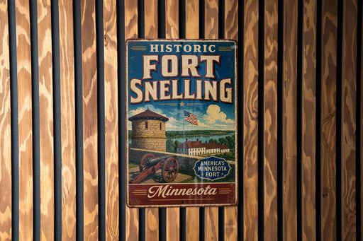 A vintage-style metal sign for the historic Fort Snelling in Minnesota, featuring an illustration of a fort and a cannon.