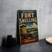 A vintage-style sign for the Fort Snelling in Minnesota, featuring an illustration of the fort and surrounding landscape.