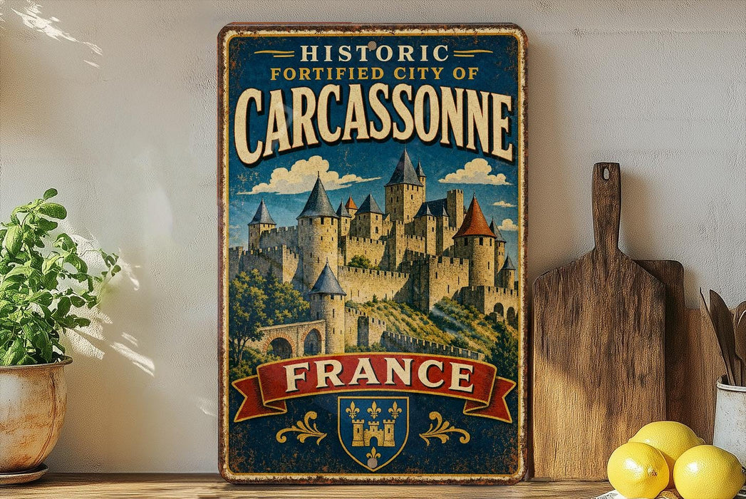 A vintage-style metal sign with the text "HISTORIC FORTIFIED CITY OF CARCASSONNE FRANCE" and an illustration of a castle, placed on a wooden surface next to a wooden cutting board and a potted plant.