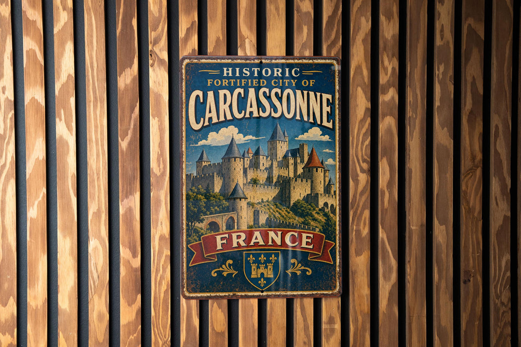 A vintage metal sign with the text "HISTORIC FORTIFIED CITY OF CARCASSONNE FRANCE" and an illustration of a castle, mounted on a wooden wall.