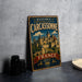 A vintage metal sign with a castle illustration and the text "Historic Fortified City of Carcassonne" is displayed on a table.