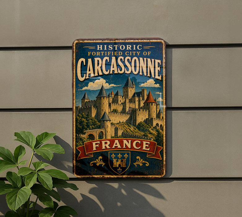 A vintage metal sign with a castle illustration and the text "Historic Fortified City of Carcassonne" is displayed on a wall.