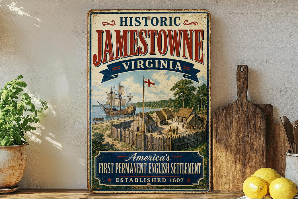 A vintage-style metal sign for Jamestown, Virginia, featuring an illustration of Jamestown and the English settlement.