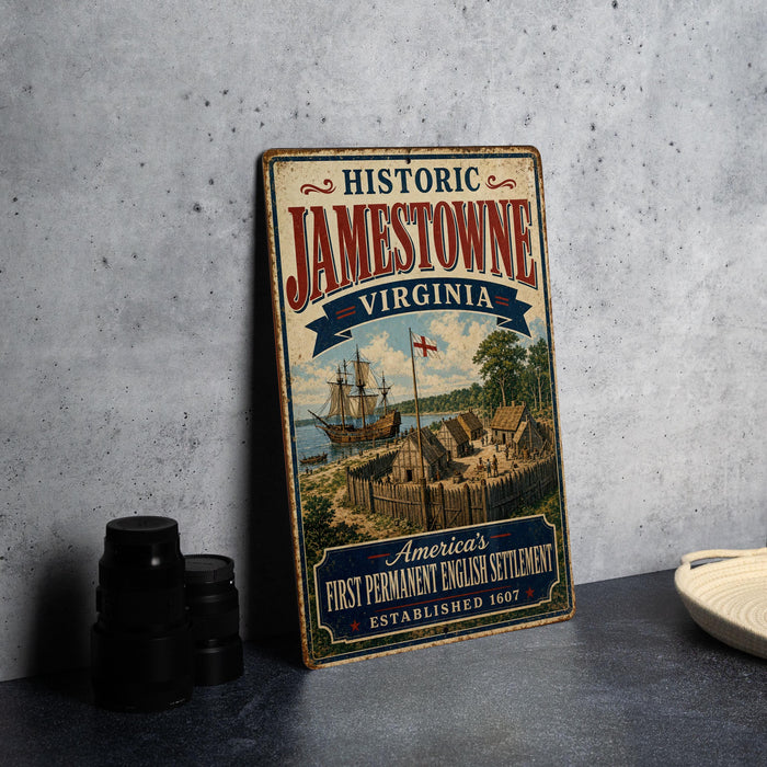 A vintage-style sign for Historic Jamestown, Virginia, featuring an illustration of a ship and a fort, along with the text "America's First Permanent English Settlement Established 1607".