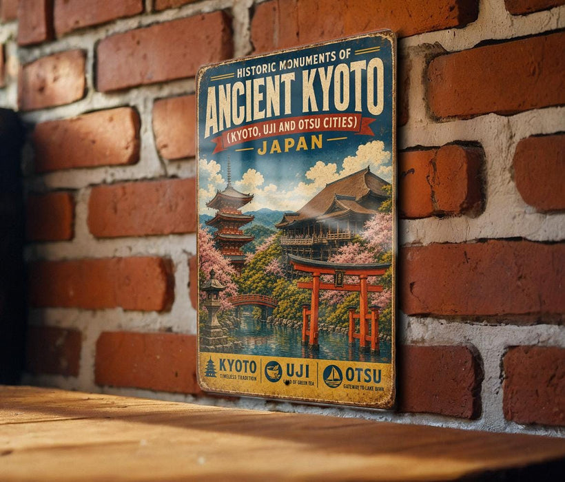 A vintage-style metal sign displaying the image of the historic monument of Kyoto, Japan, mounted on a brick wall.